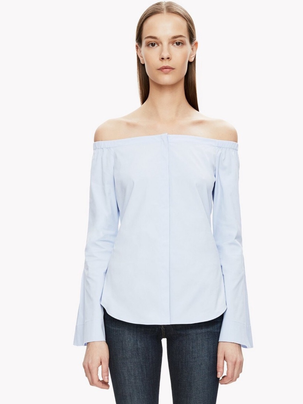 Theory Women’s Off-The-Shoulder Button Shirt Bell Sleeves Larkspur Blue Sz Large